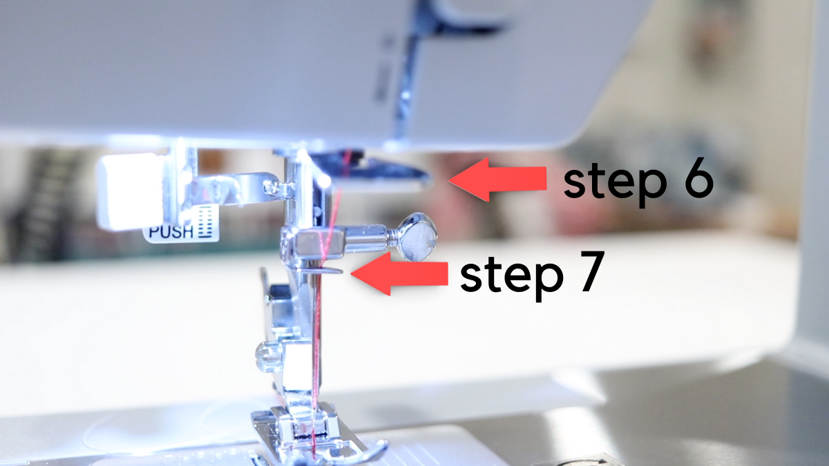 Red arrows point to step 6 and step 7 when threading a singer sewing machine