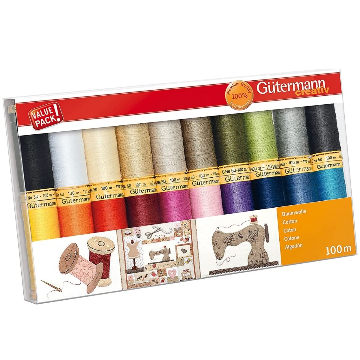 A box of brightly colored Gutermann brand sewing machine thread. Box of thread contains every color from the rainbow neatly wound on a plastic spool