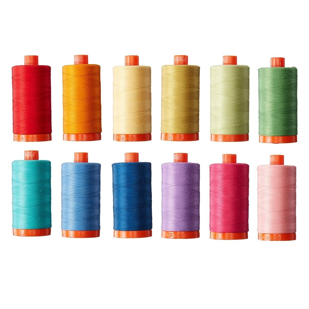 bright spools of thread in all the colors of the rainbow on orange plastic spools