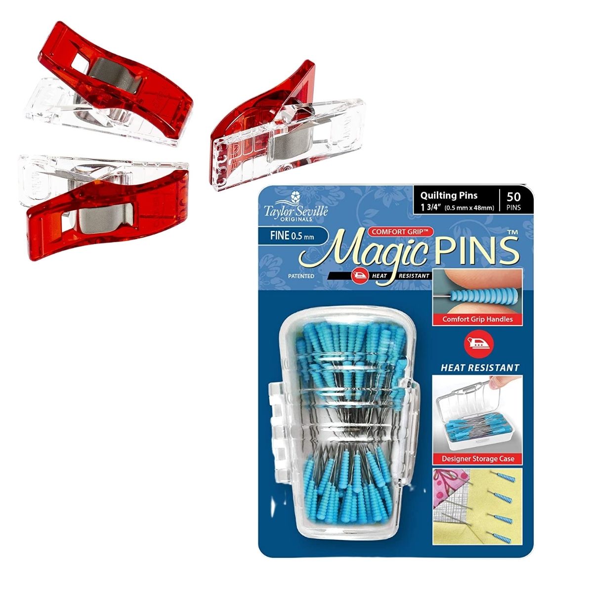 three red sewing clips next to a package of sewing pins with blue rubber heads