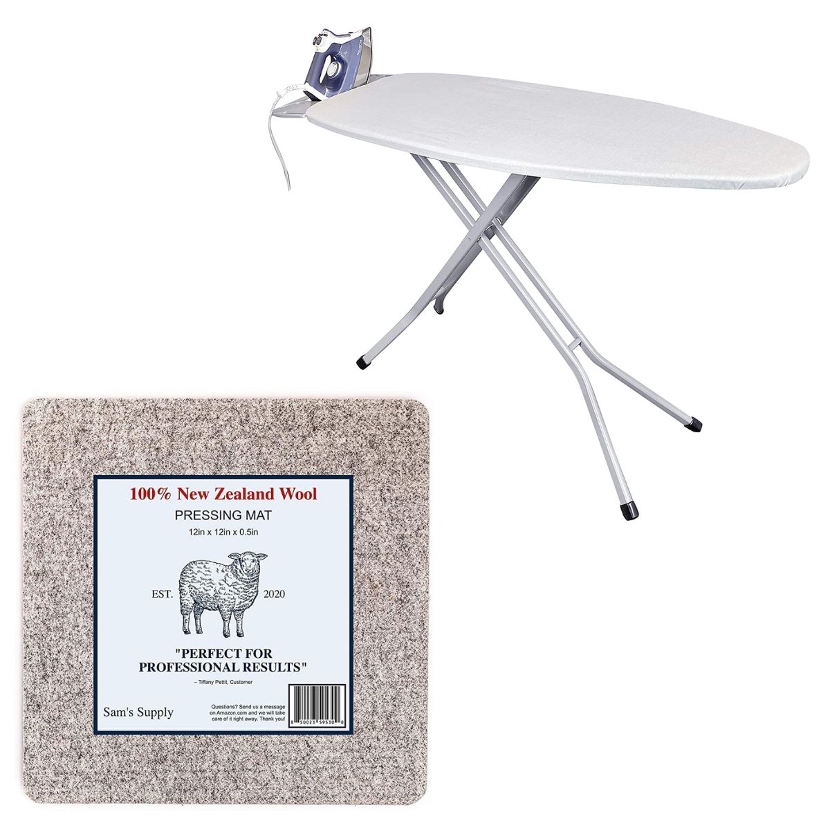 A gray wool pressing mat with a sheep on the front sitting next to an ironing board with an iron resting on the top.